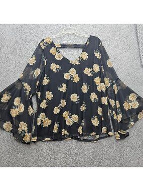Floral Bell Sleeve Top With Cutout Back Torrid Size 4 Black Yellow Roses whimsy